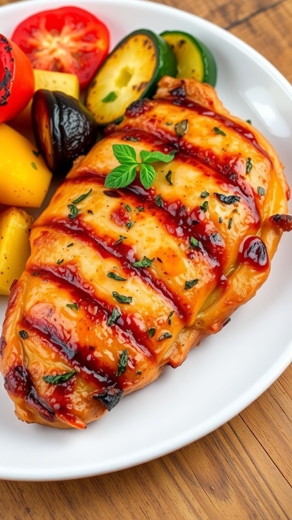 Juicy Grilled Chicken Recipe Grilled chicken breast garnished with herbs and served with grilled vegetables on a rustic table.